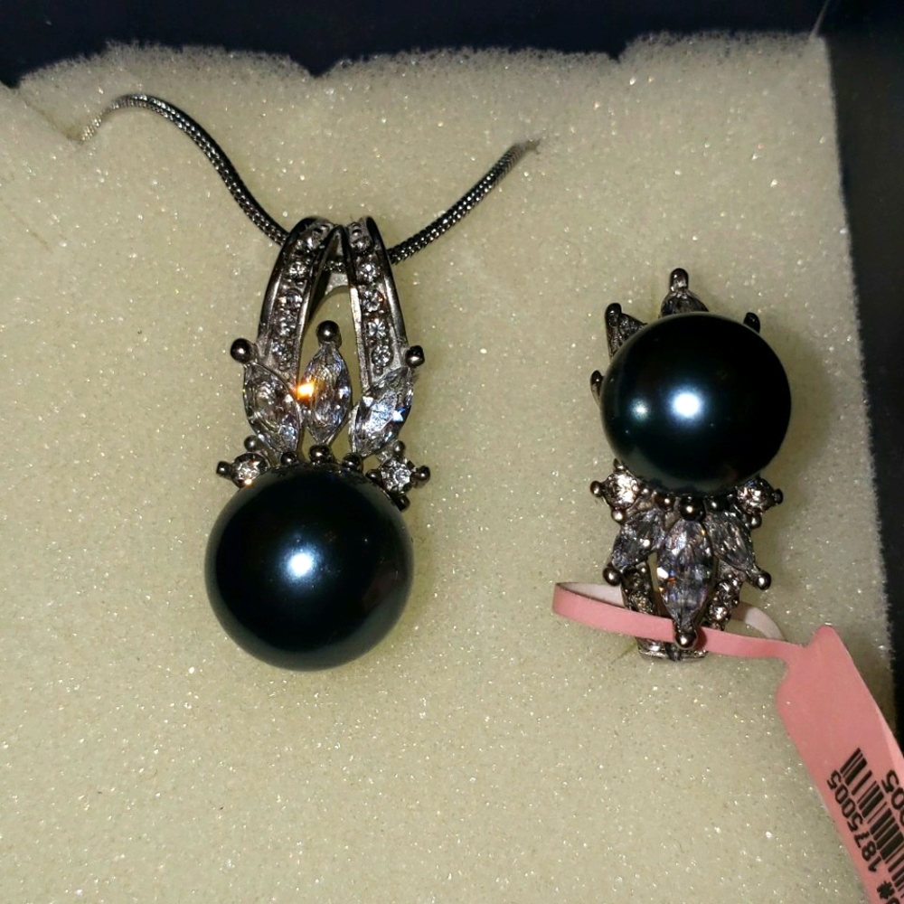 Sz 5, Peacock Shell Pearl & Austrian Crystal Ring/Pendant/Chain, Stainless, NWT